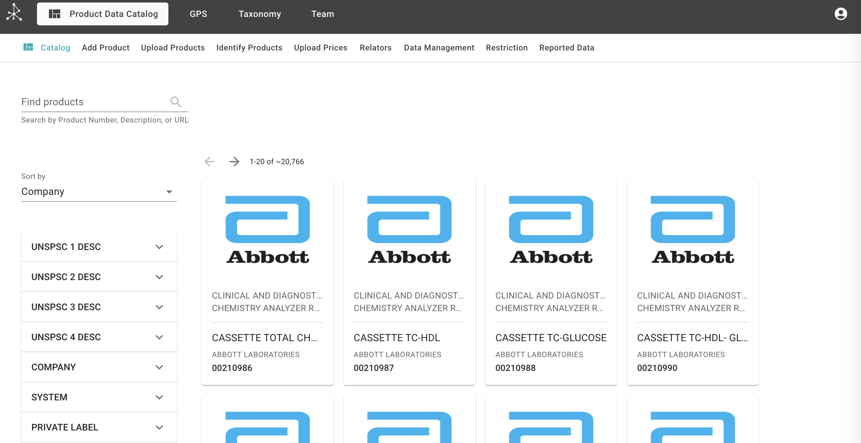 Product Data Catalog interface showing Abbott products with search and filter capabilities